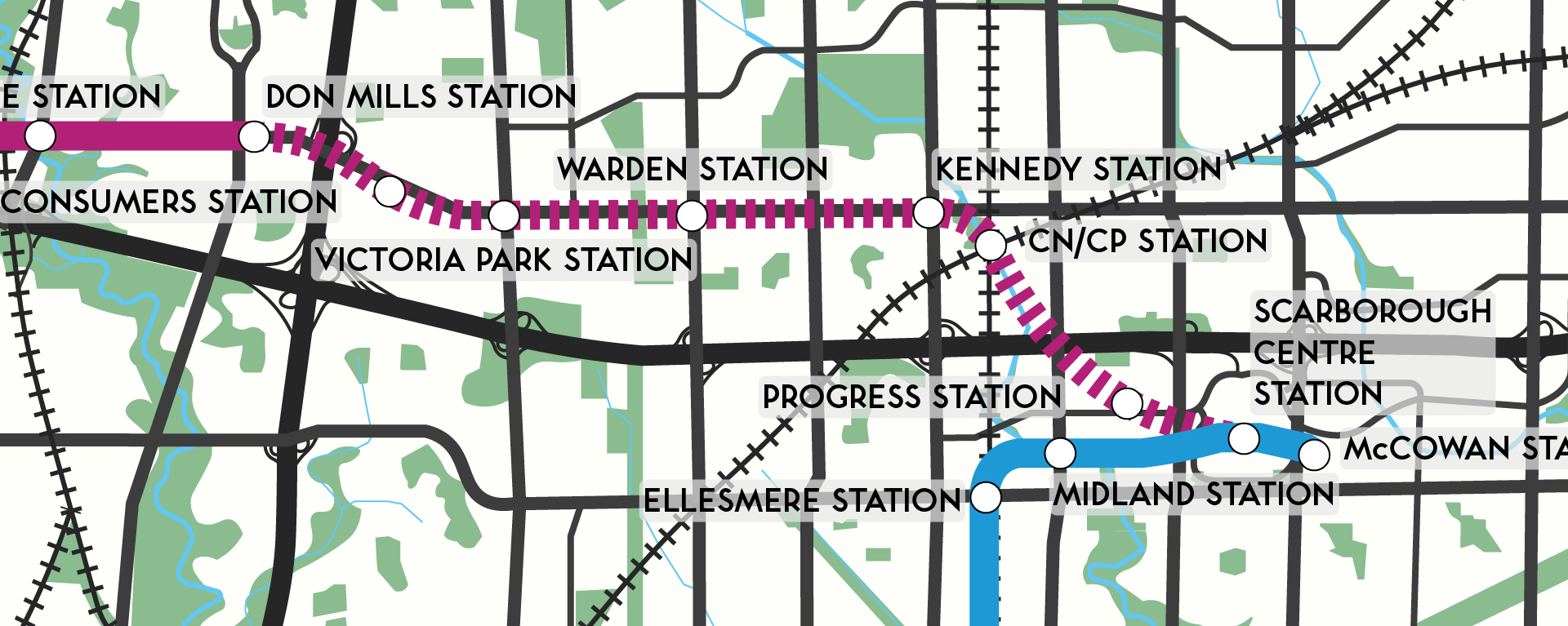 This image shows the proposed extension of the Sheppard subway eastwards, with six new stations at Consumers Road, Victoria Park Avenue, Warden Avenue, Kennedy Road, the CN/CP rail interchange, and Progress Avenue. A new connection to a proposed re-built Scarborough Rapid Transit line in the form of an extension of the proposed Eglinton Crosstown LRT would be made at Scarborough Centre Station.
